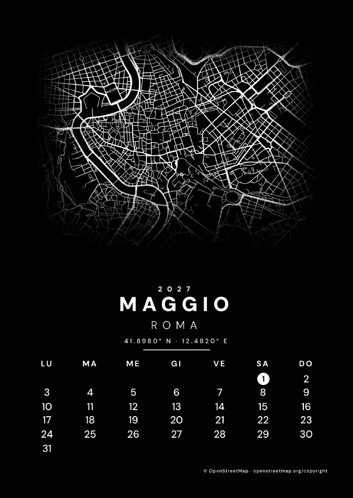 Mese di maggio, grafica Città, toner bianco su cartoncino nero